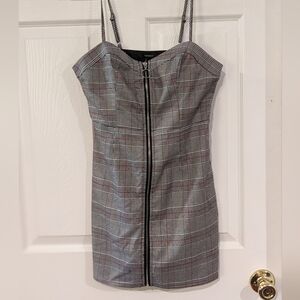 Forever 21 Grey & Black Plaid Mini Bodycon Dress With Zip Front - Size Small